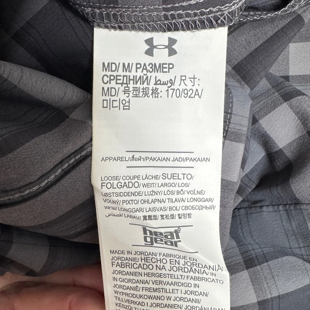 Under Armour Shirt Mens Medium Gray Plaid HeatGear Performance Fishing Hiking
